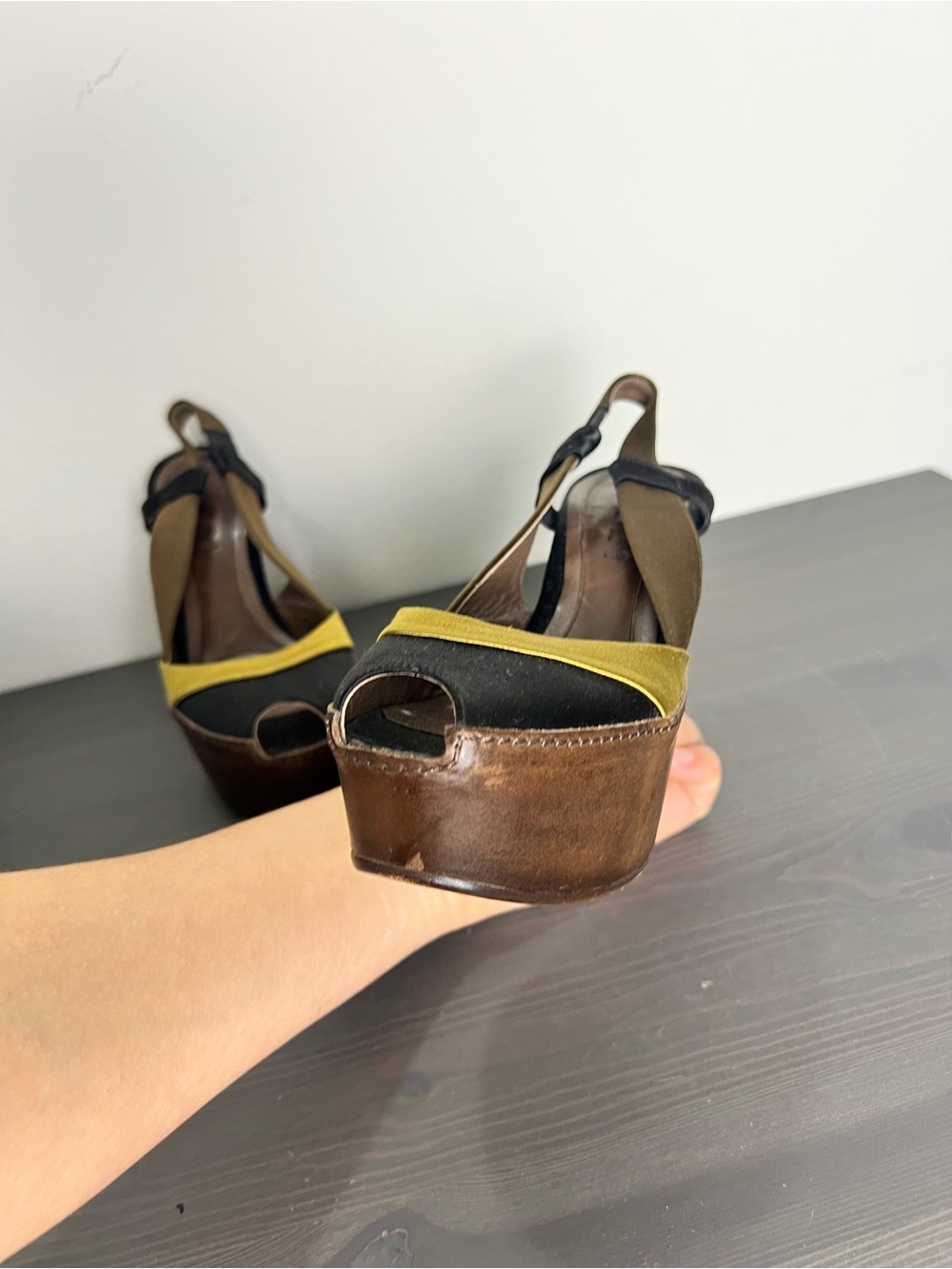 Marni Colorblock Platform Wedge Sandals Size 36 Black Yellow Peep Toe Heel - Picture 11 of 11